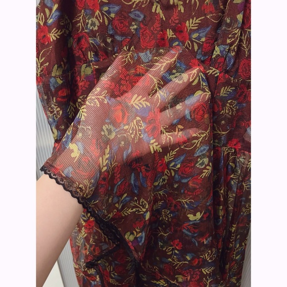 NWT Simple Retro Burgandy Sheer Floral Mini Dress Size M Runs Small - Picture 4 of 11